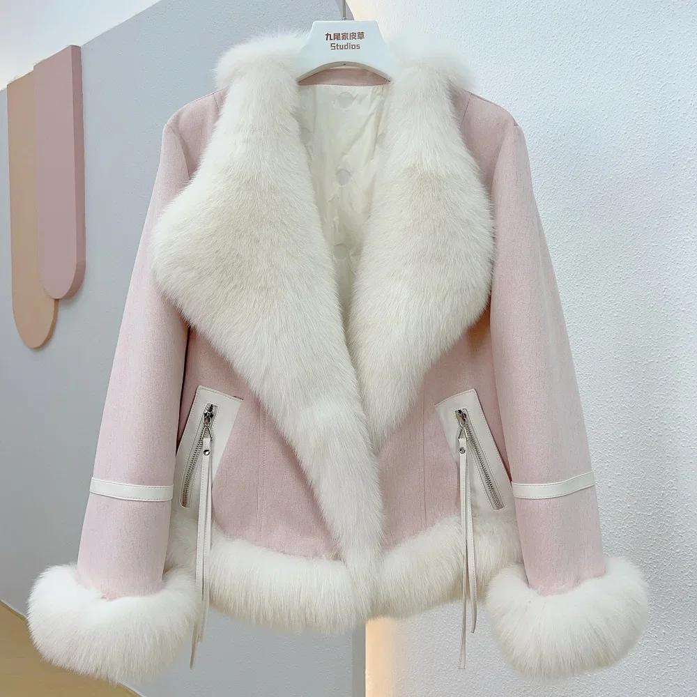 

2023 Women's Winter Goose Down Jacket Natural Fox Fur Collar Short Puffer Jacket Coats Thick Outerwear Overcoat