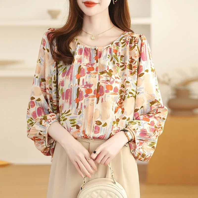 

YCMYUNYAN-Women's Long Sleeve Chiffon Shirts, Retro Prints Blouses, O-Neck Floral Clothing, Loose Tops, Spring, Summer