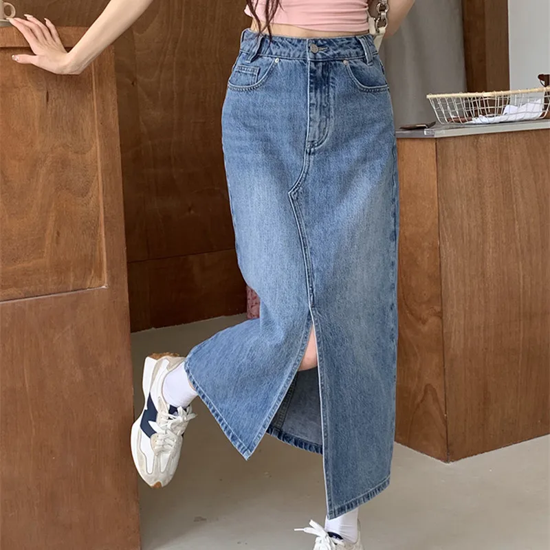 Vintage Straight Split Mid-Long Denim Skirts Women Summer High Waist Washed Pockets Slim Jeans Skirts Bottoms Jupe 4840
Vintage Straight Split Mid-Long Denim Skirts Women Summer High Waist Washed Pockets Slim Jeans Skirts Bottoms Jupe 4840