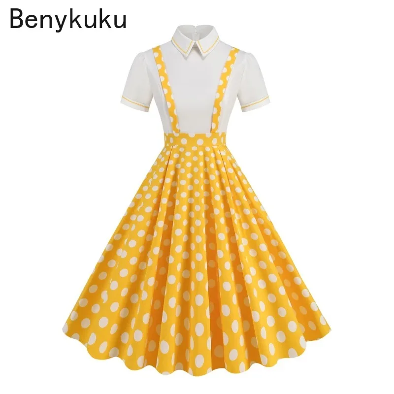 

Preppy Style White Yellow Polka Dot Vintage Swing Dress for Women 2024 Summer Short Sleeve Patchwork Cotton Pinafore Dresses