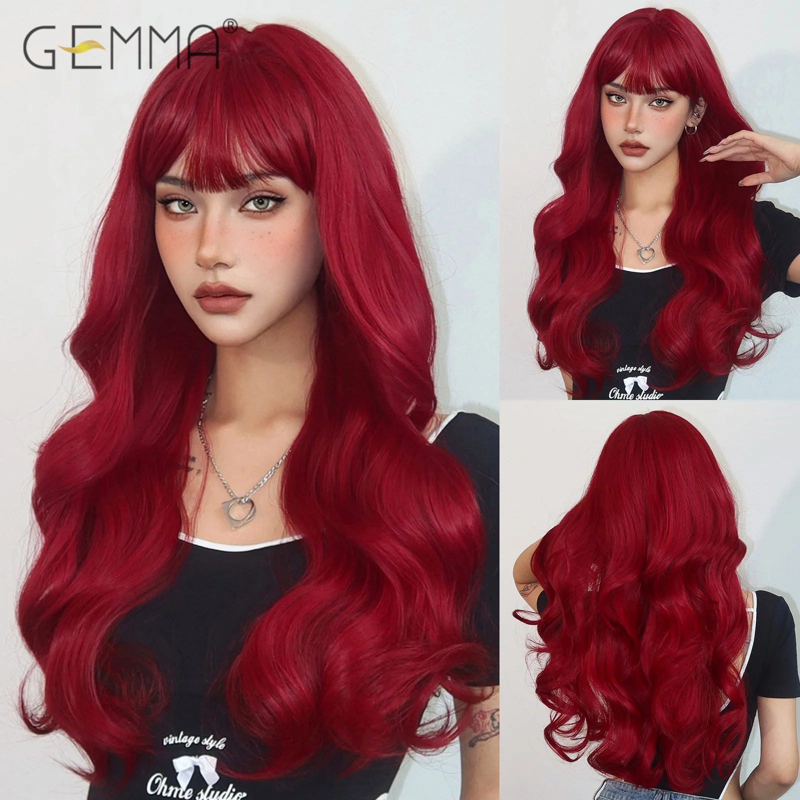 

GEMMA Dark Red Long Wavy Synthetic Wig with Bangs Burgundy Natural Wave Cosplay Party Hair Wigs for Women Afro Heat Resistant