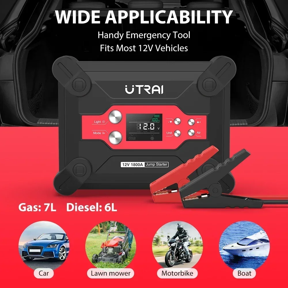 UTRAI 1800A Car Jump Starter Power Bank Air Pump Portable Emergency Charger For Cars Battery Booster Starting Device
UTRAI 1800A Car Jump Starter Power Bank Air Pump Portable Emergency Charger For Cars Battery Booster Starting Device