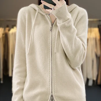 Cardigã de Caxemira Elegante e Aconchegante para Mulheres 8 2023 Fashion Thick New Women's 100% Merino Wool Cardigan Long Sleeved Knitted Hoodie Sweater Fashion Soft