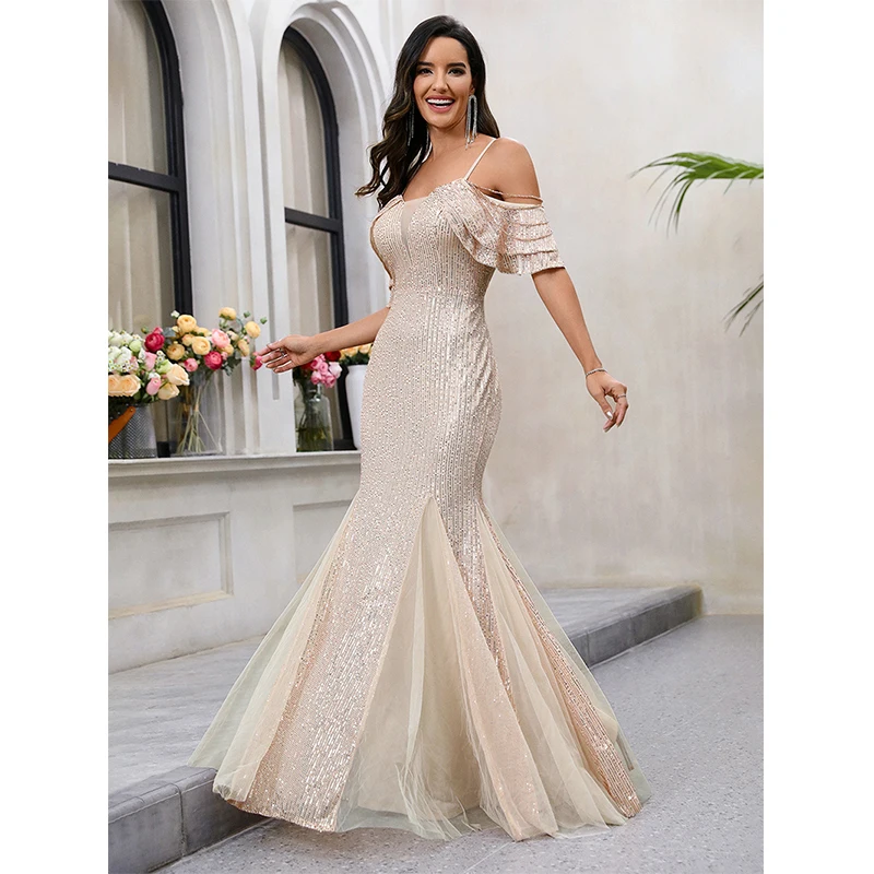 

Women Sexy Summer Spaghetti Strap Ruffle Backless Champagne Sequined Elegant Cocktail Prom Evening Party Long Mermaid dresses