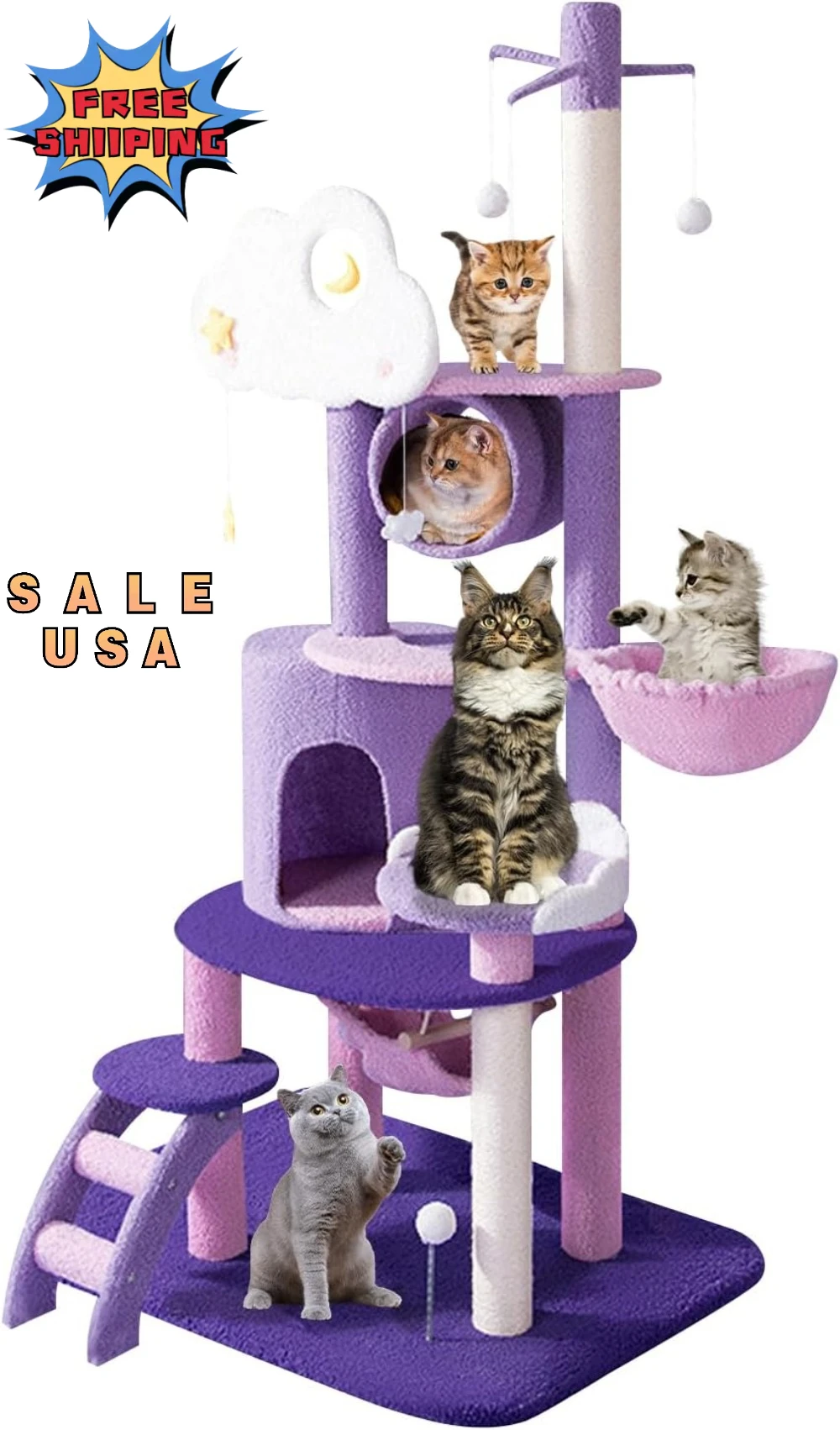 

Cat Tree Tower 67 Inches Cat Tree with Cat Scratching Post & Hammock Toys Multi-Level Activity Center Pet Products