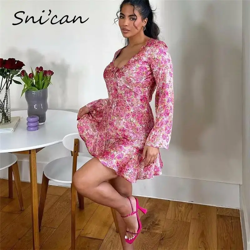 Pink Floral Print Women Dress Fashion Summer Long Sleeve V Neck Bandage Mini Dresses Vestidos Mujer Robe Femme Casual Outwear
Pink Floral Print Women Dress Fashion Summer Long Sleeve V Neck Bandage Mini Dresses Vestidos Mujer Robe Femme Casual Outwear