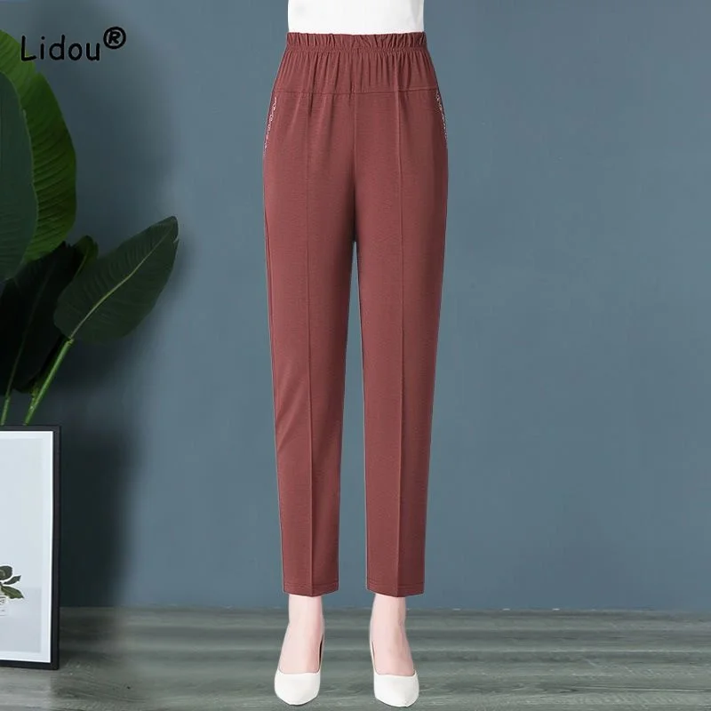 

Summer New Women's Clothing Fashion Casual Solid Color Pants Office Lady Elastic High Waist Simplicity Pants Cropped Trousers