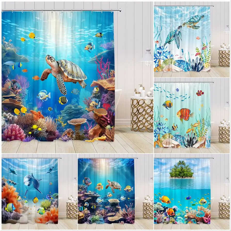 

Cartoon Marine Animals Shower Curtains Sea Turtle Tropical Fish Dolphins Coral Underwater Scenery Kids Bathroom Curtain Decor