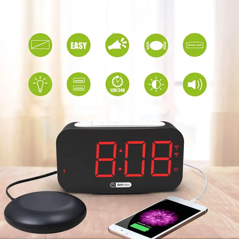 

Вибрирующий Громкий будильник, внешний дисплей, яркий ночник, цифровой будильник для глухих людей, пожилых людей, зарядка через USB для телефона