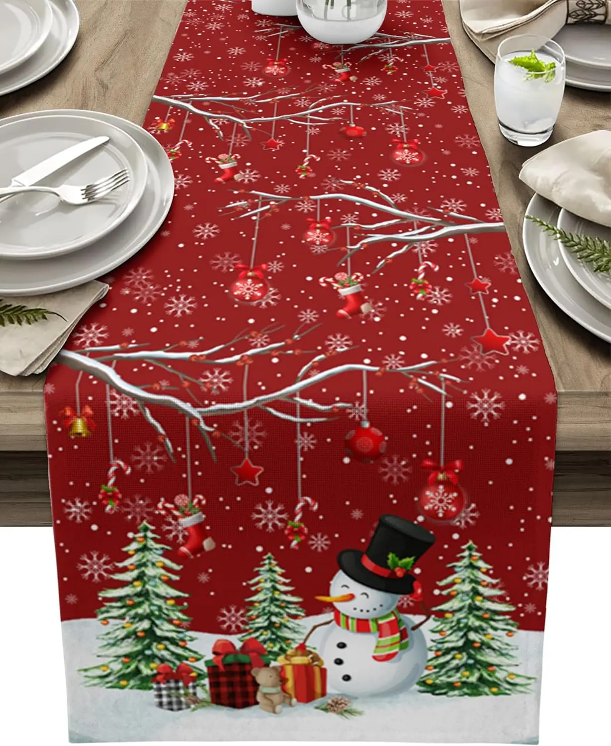 

Christmas Snowman Xmas Tree Linen Table Runners Dresser Scarves Table Decor Washable Dining Table Runners Christmas Decorations