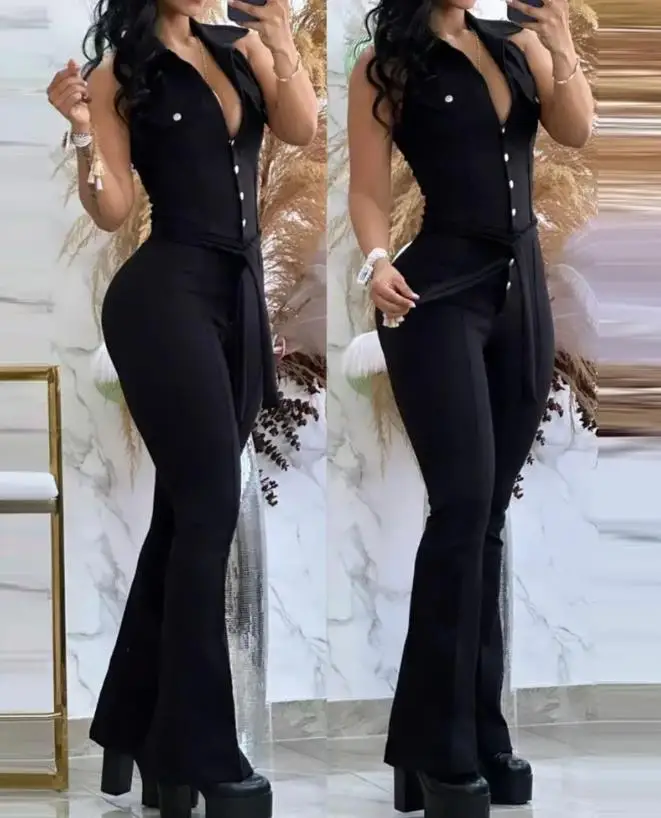 

Female Sexy Plunge Sleeveless Flared Jumpsuit Turn Down Collar Tied Detail Button Design Women's Clothing Woman Skinny Jumpsuits