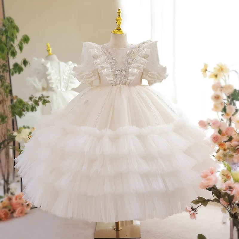 

2024 Bubble Sleeves Sequin Girl Dress Evening Gown Round Neck Cake Dresses Boutique Youth Girls Clothing for Wedding Bridesmaid