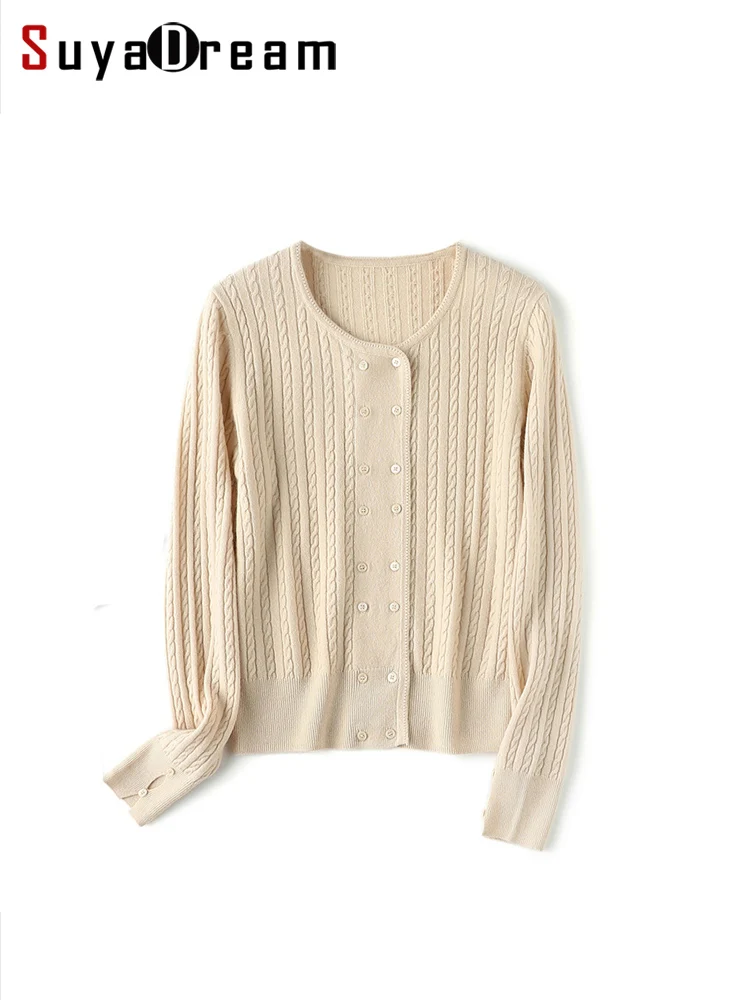 

SuyaDream Woman 100%Merino Wool Cables Cardigans Double Breasted O Neck Jackets 2023 Fall Winter Sweater Yellow Beige