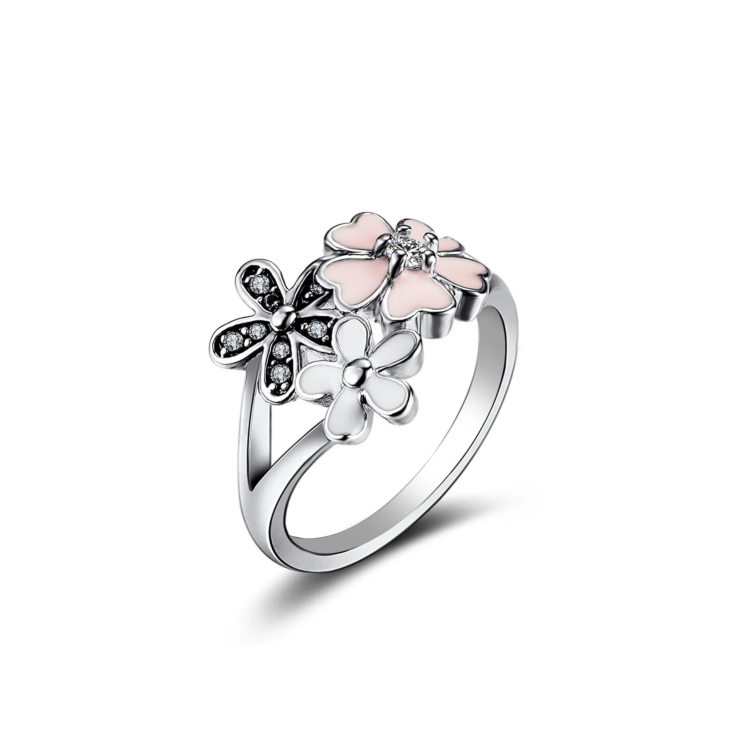 

European and American Epoxy Cherry Blossom Pink Ring Children Diamond Silver Flower Ring Silver Ring