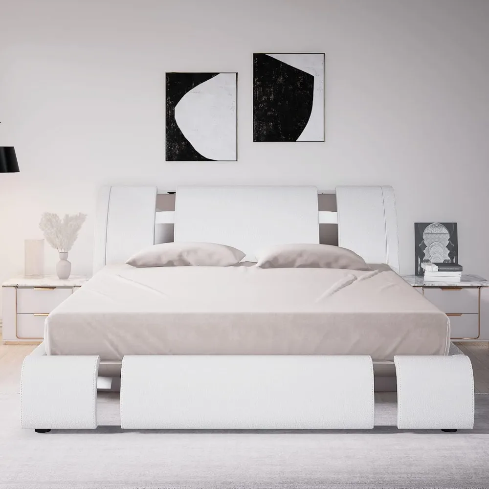 Allewie Queen Size Platform Bed Frame with Iron Piece Decor, Faux Leather Upholstered Bed with Curved Adjustable Headboard, Wood Allewie Queen Size Platform Bed Frame with Iron Piece Decor, Faux Leather Upholstered Bed with Curved Adjustable Headboard, Wood