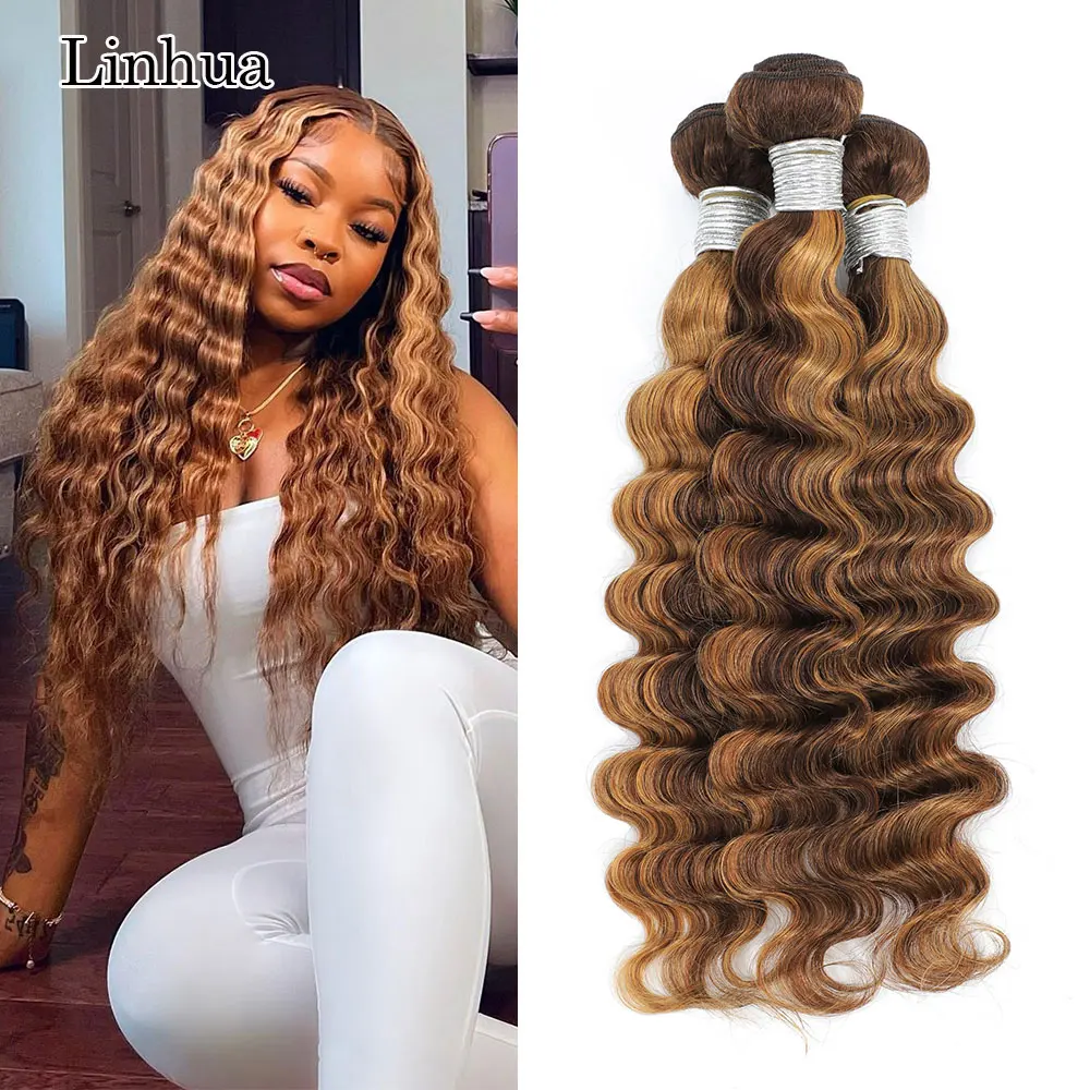 

Linhua P4/27 Loose Deep Wave Human Hair Bundles 8 to 30 Inch 1 3 4 Bundles Highlight Ombre Brown Honey Blonde Deep Wave Bundle