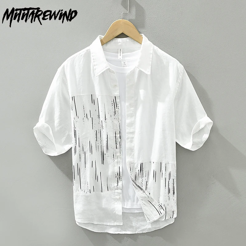 

Harajuku Fashion Short Sleeve Men's Shirts Summer Beach Causal Breathable Pure Linen Shirt Stripe Printed Shirt Lazy Style Tops