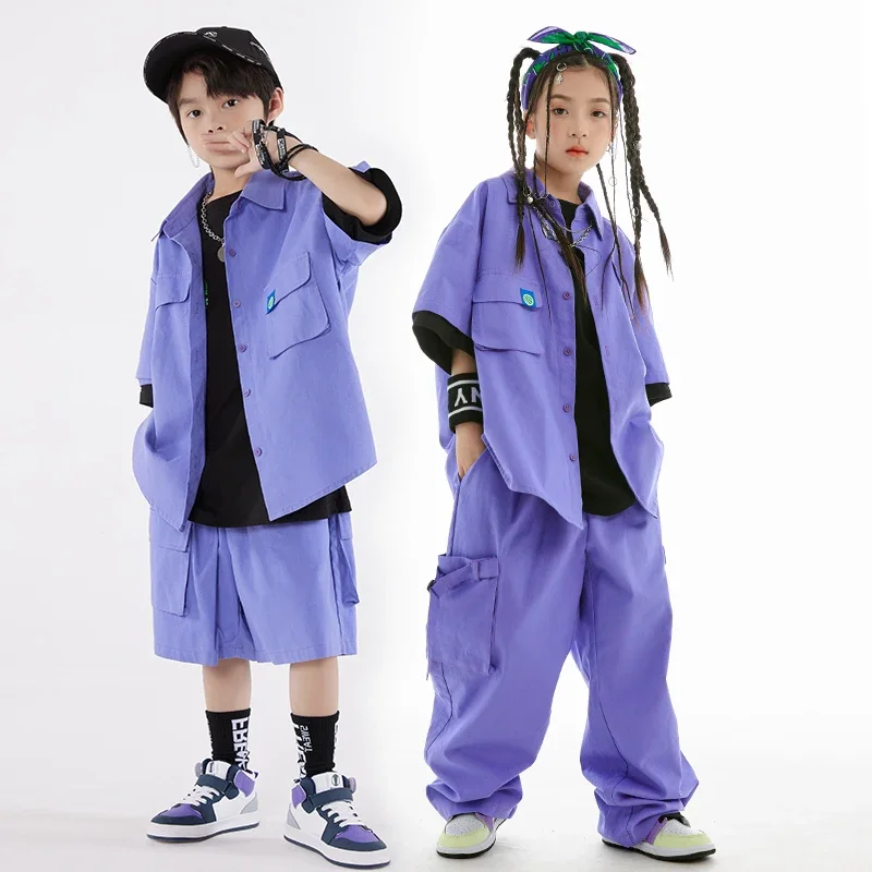 

Kids Hip Hop Dance Costume Loose Overalls Purple Coat Pants Street Dance Clothing Boys Girls Jazz Drum Show Stage Clothes L10400