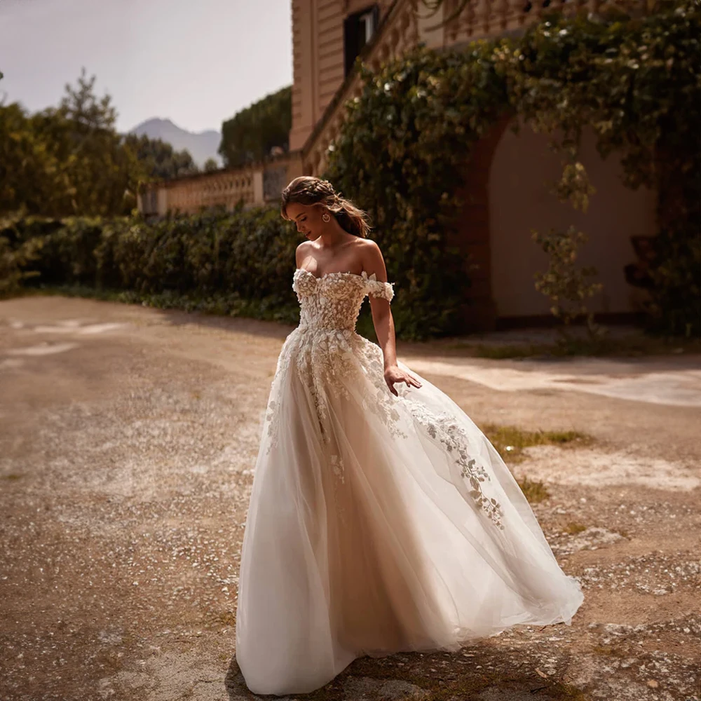 

Off the Shouler Applique Lace Tulle Wedding Dress for Women Illusion A-line Court Wedding Bridal Gown robes de mariée