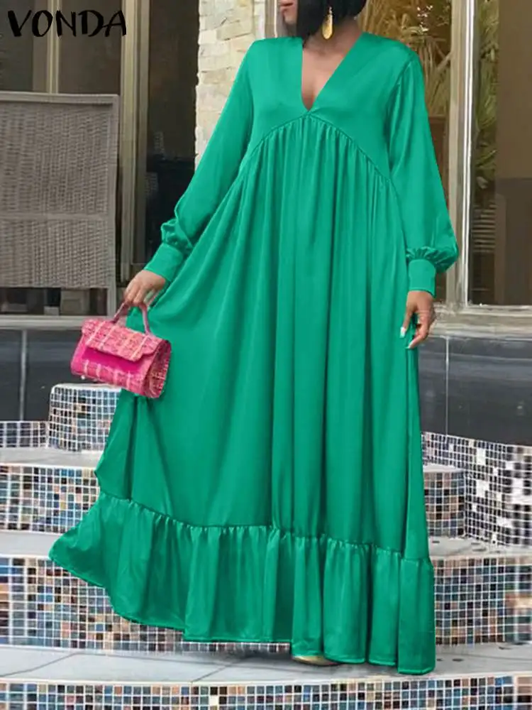 

VONDA 2024 Summer Elegant Party Sundress Women Long Sleeve Sexy V-neck Casual Shirt Dress Loose Solid Ruffled Maxi Vestidos Robe