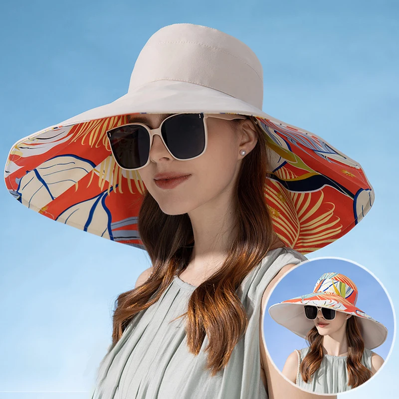 

18Cm Large Wide Brim Sun Hat Women Double-Sided Cotton Plant Print Bucket Cap Summer Shade Uv Protection Visors Travel Beach Hat