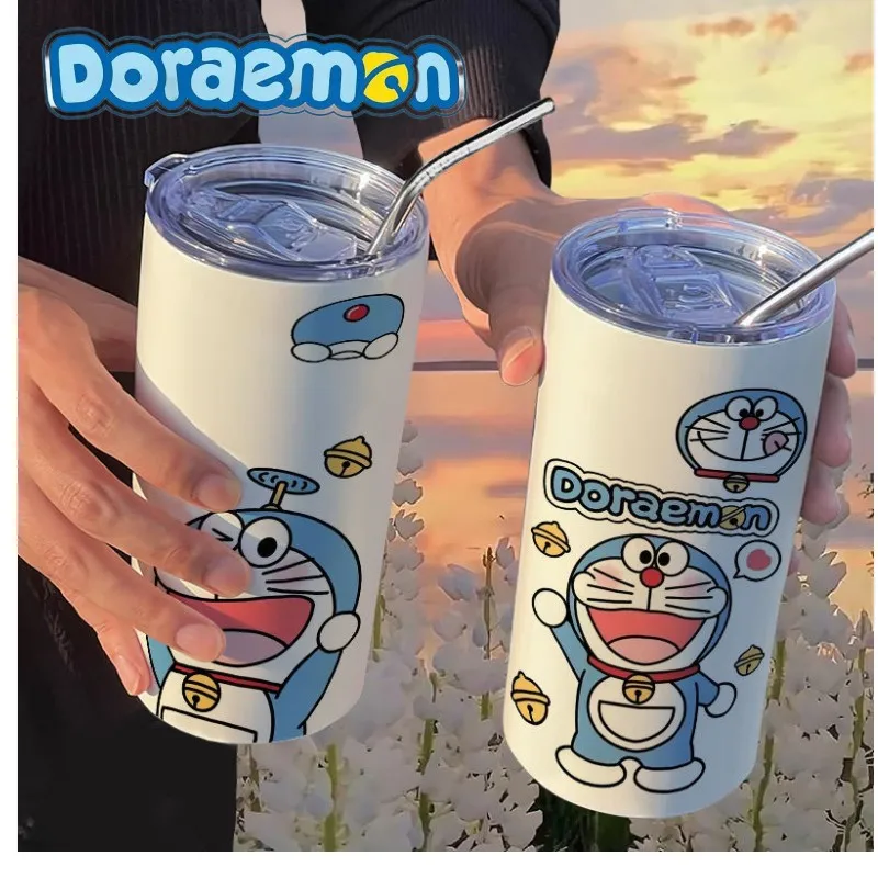 

Blue fat man Doraemon mug with straw handy cup coffee cup ins high-value portable stainless steel couple with the same style