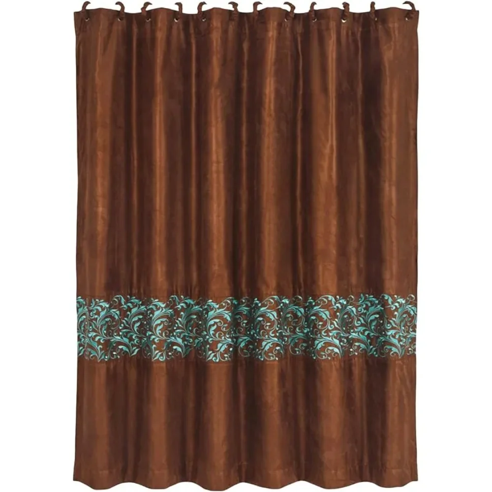 

Wyatt Copper Taffeta-Style Shower Curtain W/Turquoise Scrollwork [Includes 12 Matching Fabric-Covered Shower Rings]Freight Free