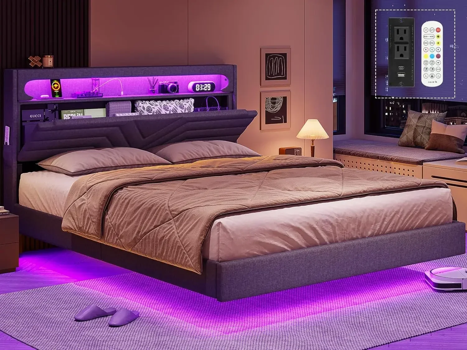 Floating Bed Frame with RGB LED Lights Headboard, USB-C/A Power Combo, Linen Upholstered Platform Bed w/ Storage Headboard
Floating Bed Frame with RGB LED Lights Headboard, USB-C/A Power Combo, Linen Upholstered Platform Bed w/ Storage Headboard