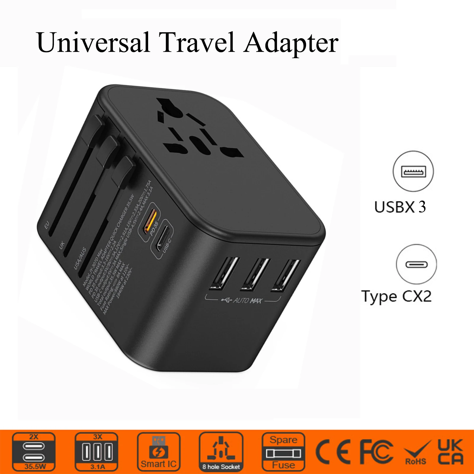 

Универсальный адаптер для путешествий «Все в одном» с 2 портами типа C, 3 зарядными USB-портами, быстрая зарядка PD, вилка для США, ЕС, Великобритании, Австралии, адаптер питания переменного тока