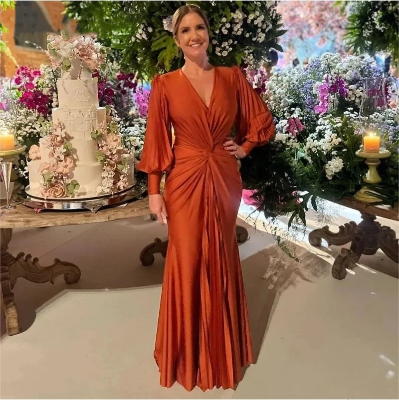 Orange Chiffon Prom Dress V neck Long Sleeves Sugar Color 2024 A line Formal Party Dresses Pleated Evening Gowns Saudi Arabia 
Orange Chiffon Prom Dress V neck Long Sleeves Sugar Color 2024 A line Formal Party Dresses Pleated Evening Gowns Saudi Arabia