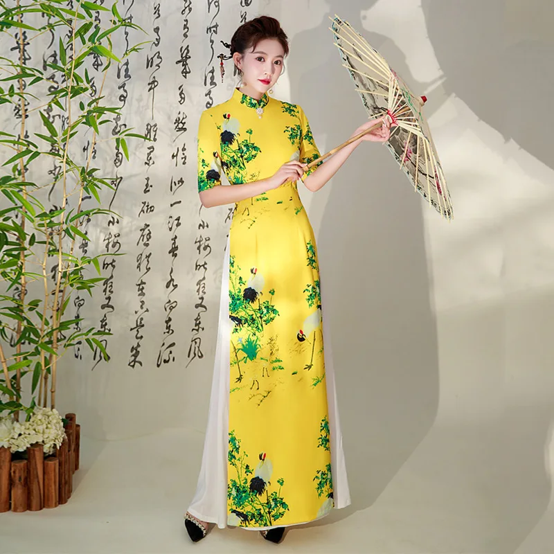 

Yellow Cheongsam Qipao Sexy Chinese Dresses Women Ao Dai Vietnam Traditional Dress China Evening Dresses Woman Elegant Hanfu