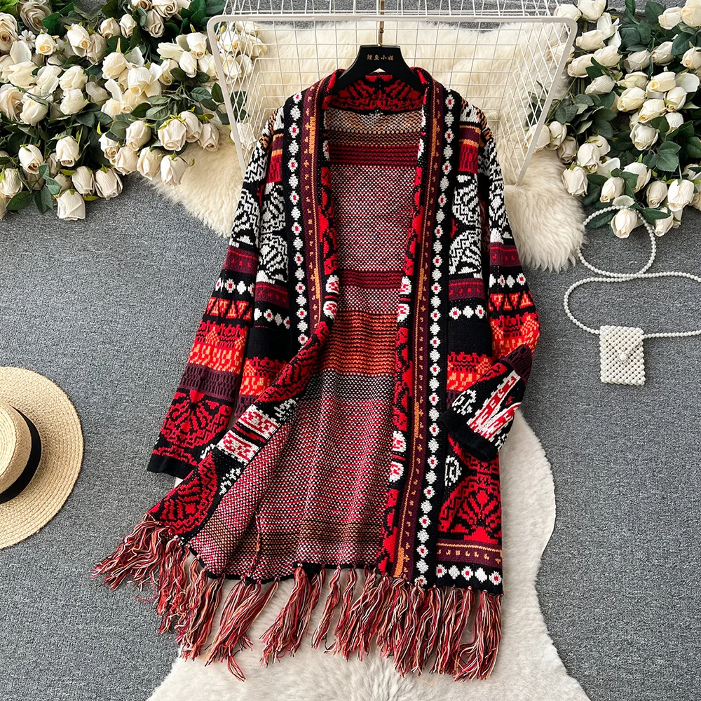 

Croysier Long Cardigans For Women 2023 Ethnic Style Vintage Jacquard Knit Cardigan Long Sleeve Fringed Hem Cardigan Sweater Coat