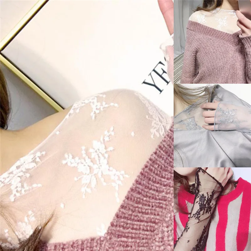 

Women Elegant Transparent T-shirt Sexy Long Sleeve Mesh Tulles Spring Summer Lace See Through Undershirt Female Casual Tops