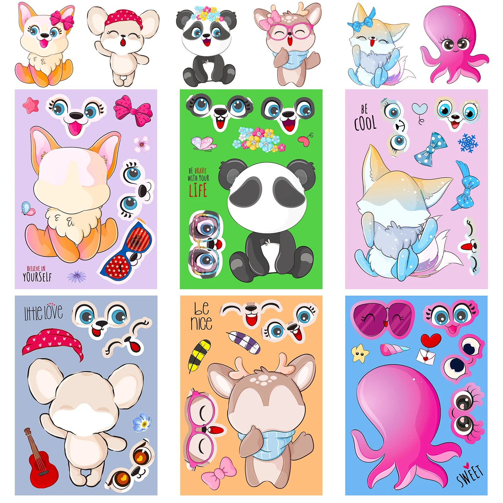 

6Sheets Animal Stickers for Kids Make A Fox Panda Deer Octopus Bear Face Sticker Party Favors Mix and Match Decals DIY Craft Toy