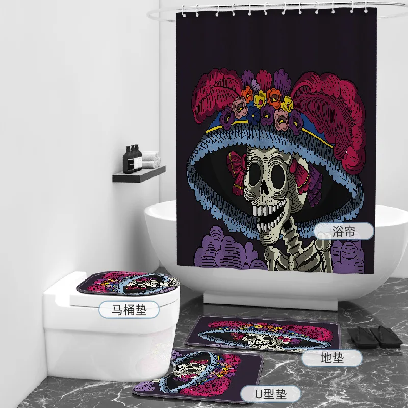 

Halloween Skull 3D Printed Bathroom Set Together Shower Curtain Rug Set Bathroom Mats Rugs Toilet Decor Mat 01