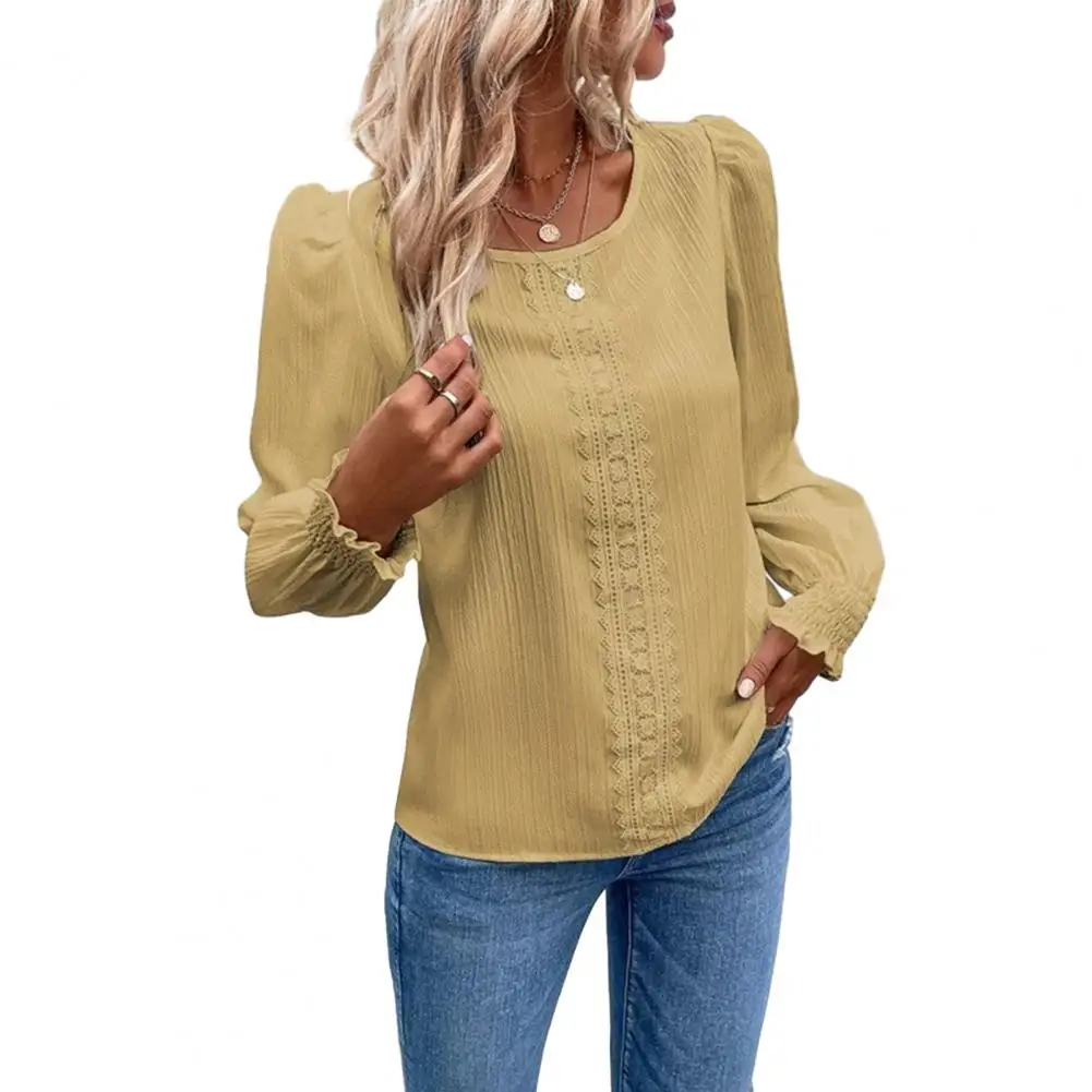 

Blouse Top Elastic Shirring Cuff Round Neck Loose Lace Patchwork Solid Color OL Commute Style Long Sleeve Soft Lady Blouse