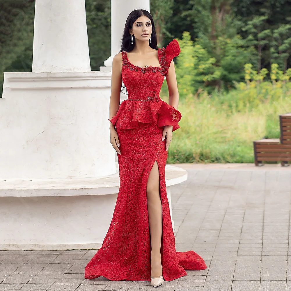 

Exquisite Mermaid Evening Dresses Lace Red Prom Party Gowns 2024 Thigh Slit Wedding Guest Dresses Sequined Floral Sweep Train