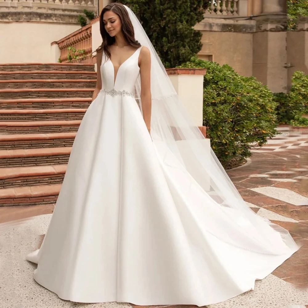 

MANRAY Satin Wedding Dress 2024 Bride V-Neck Belt With Beads A-Line Backless Bridal Gown With Pockets Vestido De Noiva