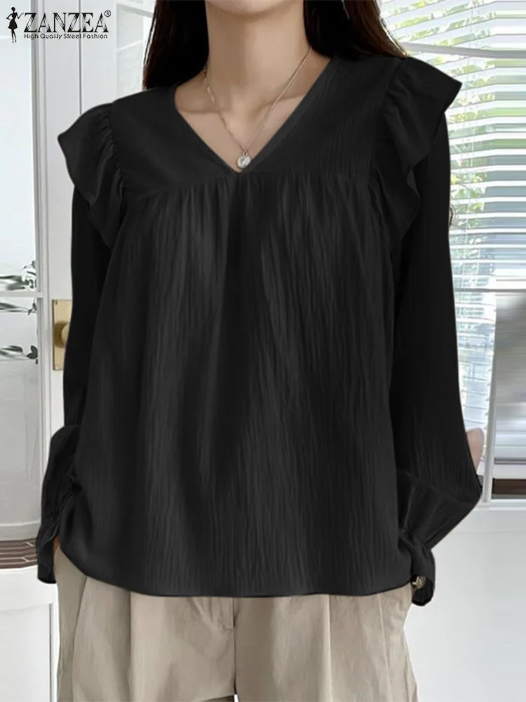 

ZANZEA Casual Loose Tunic Women Shirt Vintage Long Lantern Sleeve Blouse Fashion V Neck Ruffled Tops 2023 Autumn Pleated Blusas