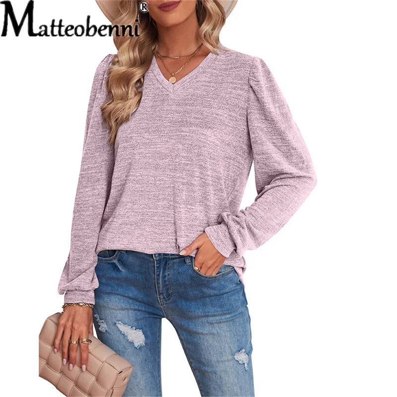 

Elegant Women Solid Color T-Shirts V-Neck Long Sleeve Folds Blouse Spring Autumn Vintage Casual Loose Pullovers Tops Streetwear