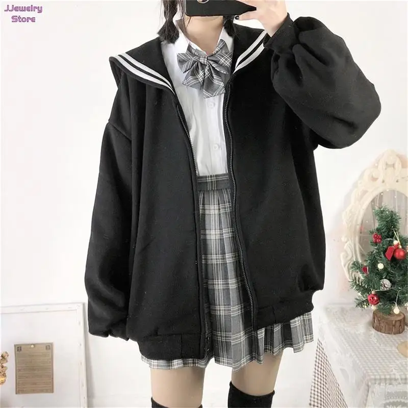 

Black Kawaii Zip Up Hoodie Women Sailor Collar Sweatshirt Japanese Streetwear Soft Girl Fashion Oversized Sweatshirt