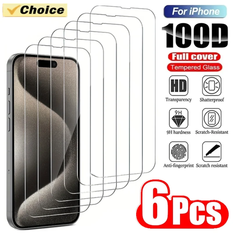 

6Pcs 9H Tempered Glass For iPhone 14 11 12 13 15 Pro Max Mini 7 8 Plus Screen Protectors For iPhone XS MAX X XR Protective Glass