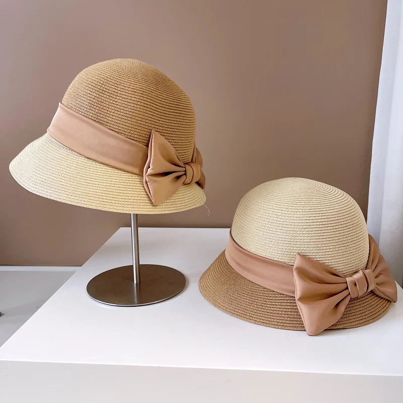 

Fashion Lady Hepburn Bow Fisherman Bucket Hat For Women Summer Sunhat Elegant Straw Basin Hat Beach Designer Bonnet Hat Wholesal