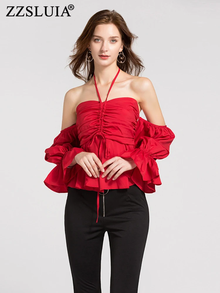 

ZZSLUIA Solid Color Halter Blouses For Women Shirring Folds Designer Slim Short Shirts Fashion Flare Sleeve Ruffles Hem Tops