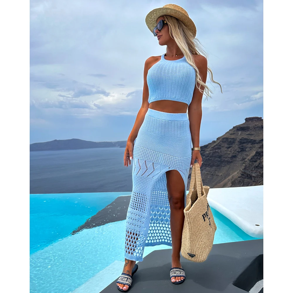 2023 Cover-ups Knitted Sexy See Through Mesh Beach Cover Summer Camisole Blouse Long Skirt Two-piece Set Hollow Out Dress 
2023 Cover-ups Knitted Sexy See Through Mesh Beach Cover Summer Camisole Blouse Long Skirt Two-piece Set Hollow Out Dress