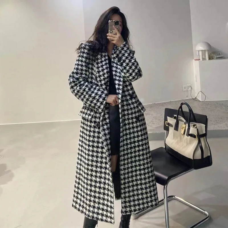 Houndstooth Fashion Faux Wool Jacket Women Autumn Korean Elegant Single Breasted Long Overcoat Winter Thick Warm Blend Outwear
Houndstooth Fashion Faux Wool Jacket Women Autumn Korean Elegant Single Breasted Long Overcoat Winter Thick Warm Blend Outwear