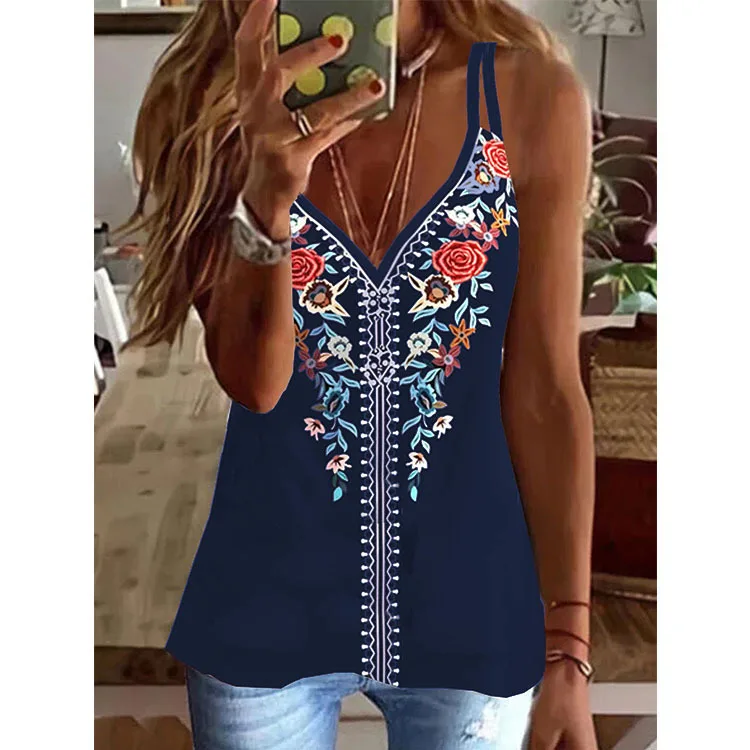 

National Style Printed Suspender Sleeveless T-shirt Women's Top Women Female Summer Casual Fashion Sleeveless Tops Lady