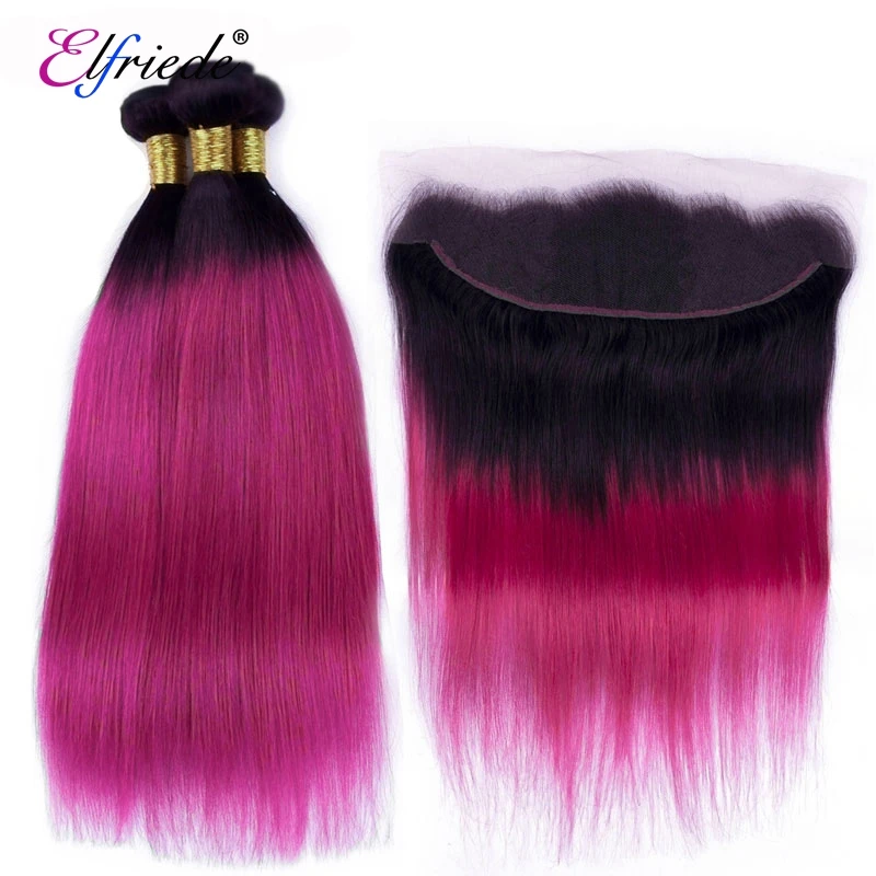 

Elfriede T1B/Rose Red Straight Ombre Colored Hair Bundles with Frontal 100% Human Hair Weaves 3 Bundles with Lace Frontal 13x4