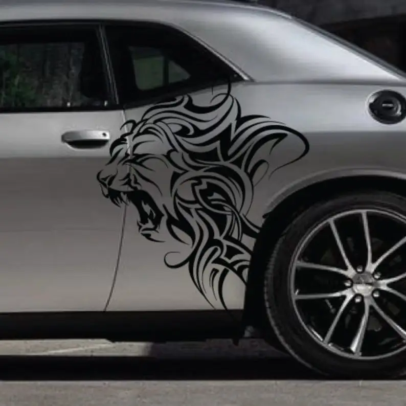 

2x Angry Lion King Teeth Fits Dodge Challenger Grunge Tattoo Design Tribal Door Side Bed Pickup Vehicle Truck Sticker Vinyl Grap