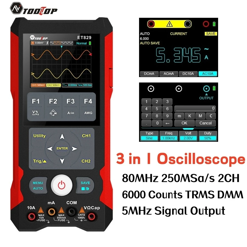 TOOLTOP ET829 250MSa/s 80MHz Digital Storage Oscilloscope Multimeter Signal Generator 3 in 1 Electronic Automobile Power Repair
TOOLTOP ET829 250MSa/s 80MHz Digital Storage Oscilloscope Multimeter Signal Generator 3 in 1 Electronic Automobile Power Repair